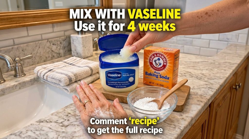 A close-up overhead view of hands on a bathroom counter one scooping Vaseline from a tub another with a creamy substance