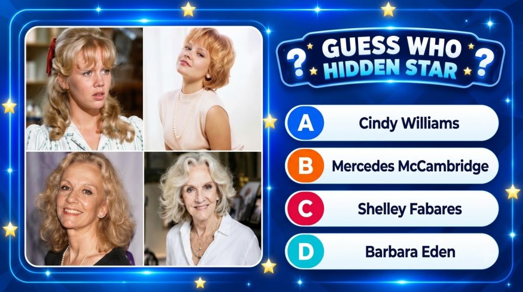 A mobile quiz game interface titled GUESS WHO HIDDEN STAR It shows a 2x2 grid of headshots of four different actresses w