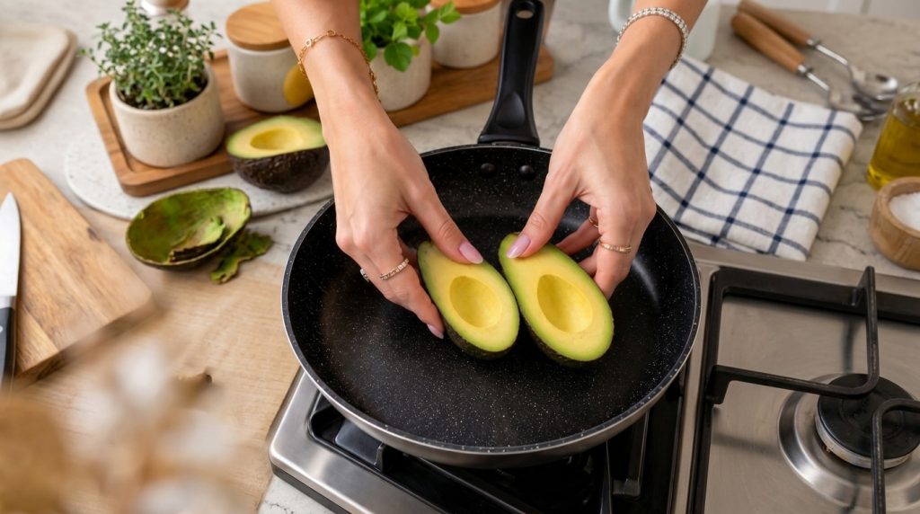 Hands holding two halves of a fresh ripe avocado above a frying pan ready for scooping
