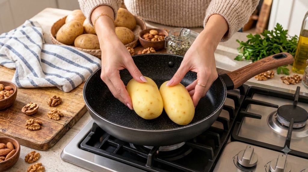 A pair of hands gently placing peeled and diced potatoes into a black frying pan positioned over a gas stove The backgro