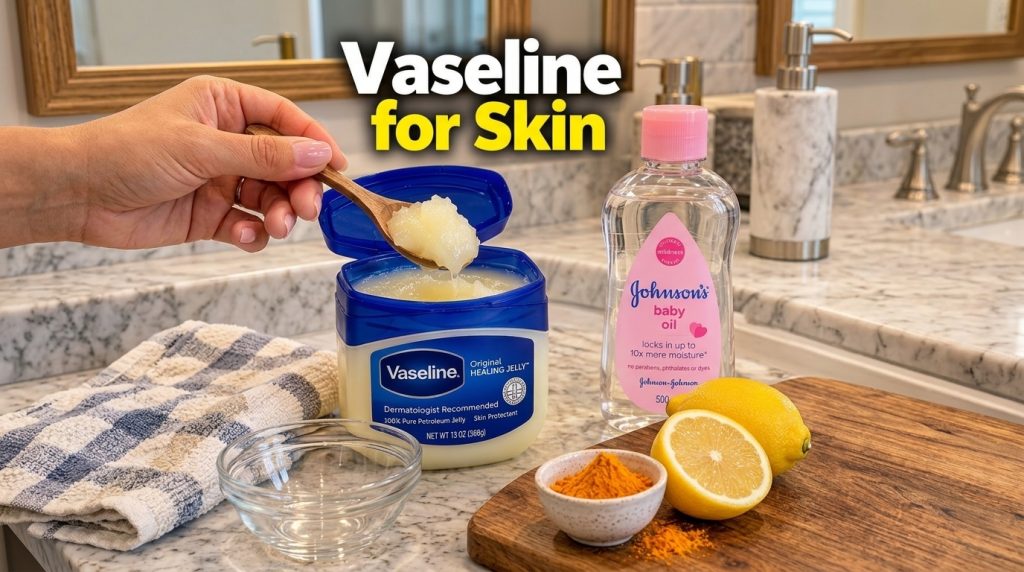 A collection of ingredients for a DIY skin remedy a hand scooping Vaseline petroleum jelly Johnson s baby oil whole and 
