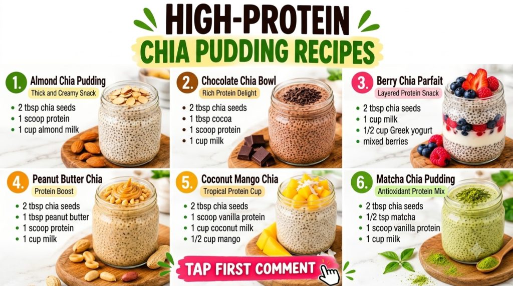 A grid of six different high-protein chia pudding recipes each in a clear glass jar with various toppings Flavors includ