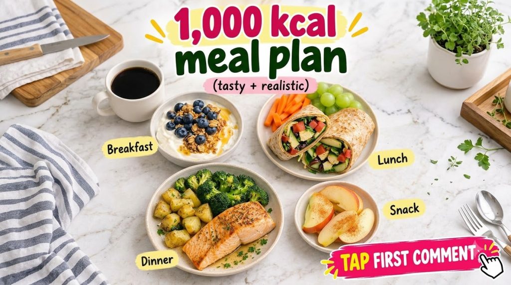 An overhead flat lay of a 1 000 kcal meal plan featuring four distinct meals Breakfast Lunch Dinner Snack and a cup of c