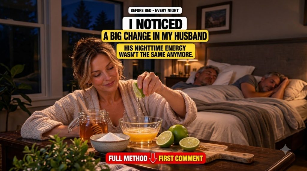 A woman gently squeezing a lime into a bowl with a jar of honey and other ingredients on a wooden surface while a man sl