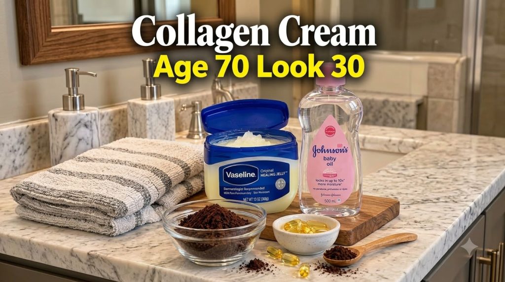An overhead shot of various DIY beauty ingredients on a marble counter A jar of Vaseline a bottle of baby oil a bowl of 