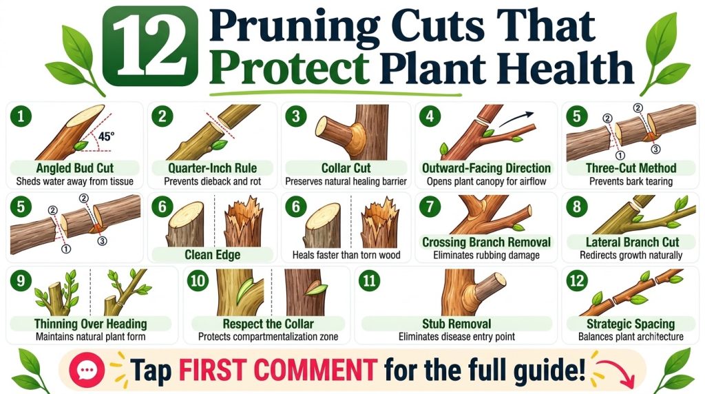 An educational infographic illustrating 12 different pruning cuts for various plant types showing before-and-after scena