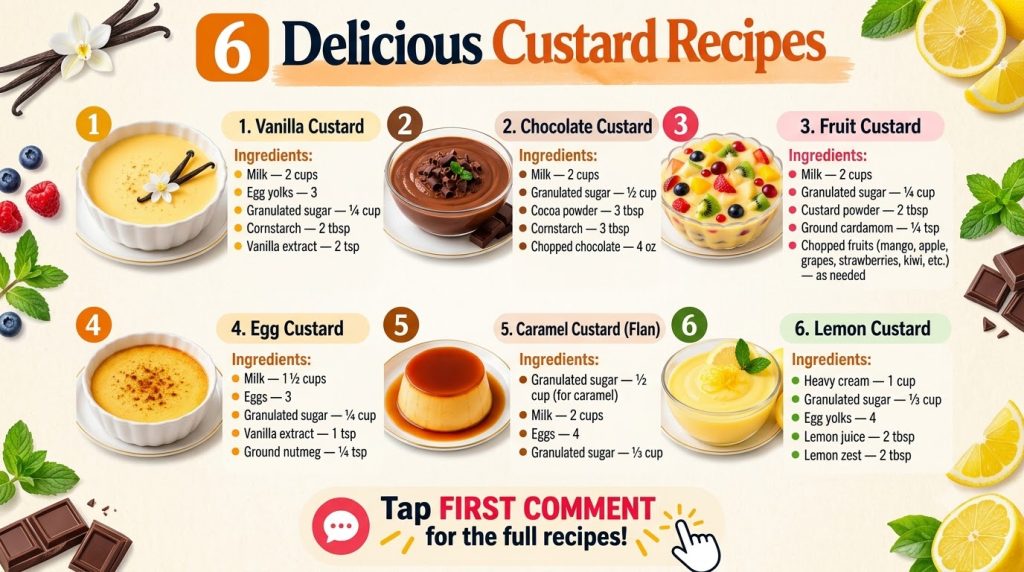 A grid display of six distinct custard creations each in a white bowl or ramekin garnished with various toppings like va