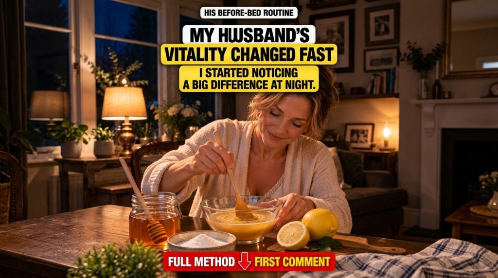 A person focused on stirring a golden mixture in a clear glass bowl surrounded by natural ingredients like honey lemons 