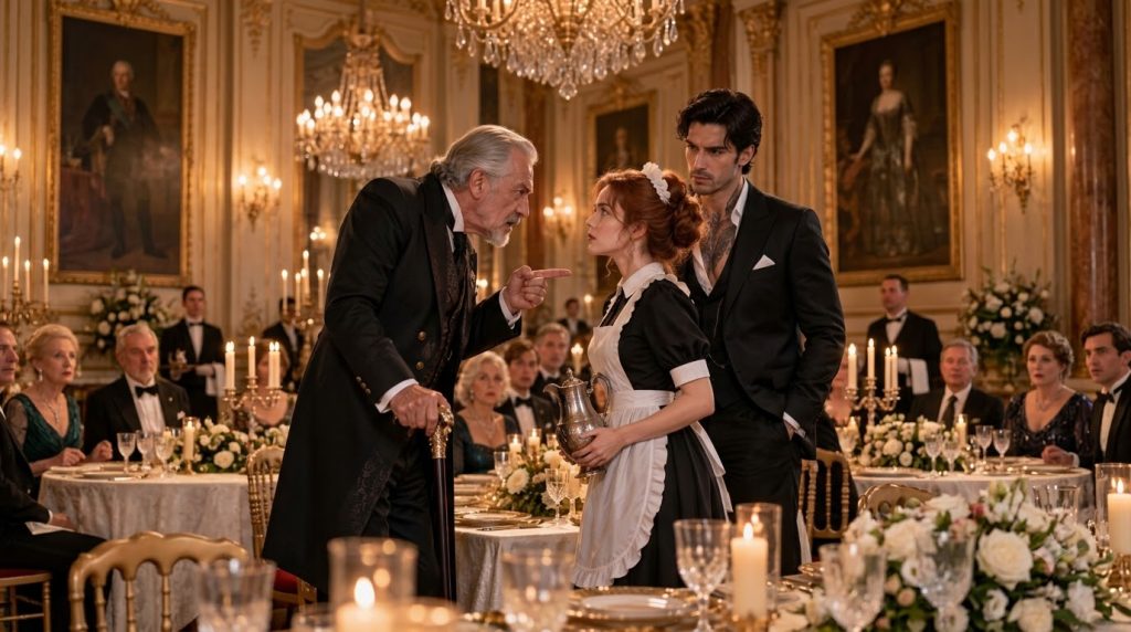 An elderly authoritative gentleman holding a cane points accusingly at a young maid who holds a silver pitcher A younger