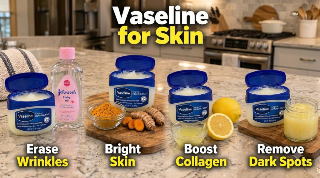 A four-panel grid showing Vaseline combined with different natural ingredients for various skin benefits One panel featu