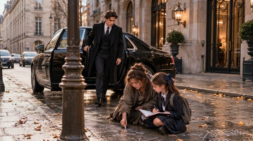 A man in a sophisticated suit stepping out of a luxury car looking towards a woman in tattered clothing and a young scho
