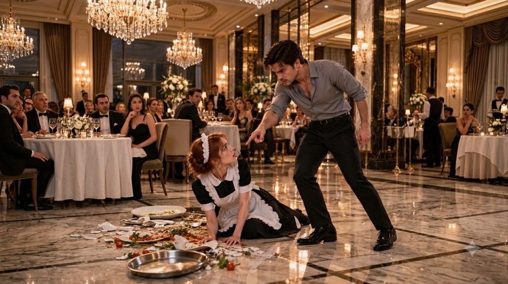 A woman in a maid s uniform is on the floor amidst shattered dishes and spilled food looking up in distress at an angry