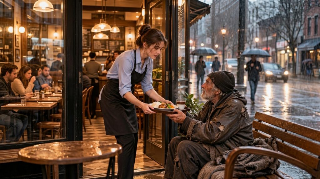 A kind waitress wearing an apron hands a tray with a hot meal and drink to an elderly disheveled man seated on a bench o