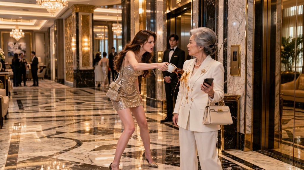 A dramatic confrontation in a luxurious hotel lobby with a young woman in a gold dress spilling coffee on an older woman