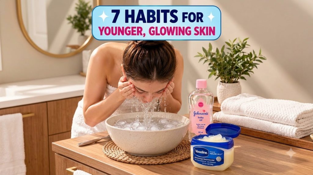 A woman performing an ice water facial leaning over a bowl of water and ice cubes with Johnson s baby oil and Vaseline n