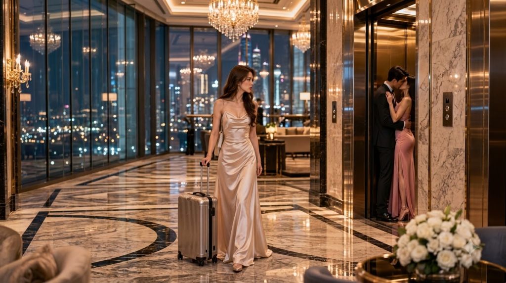 An elegant woman in a champagne-colored gown holding a suitcase standing in a luxurious hotel lobby Her gaze is directed
