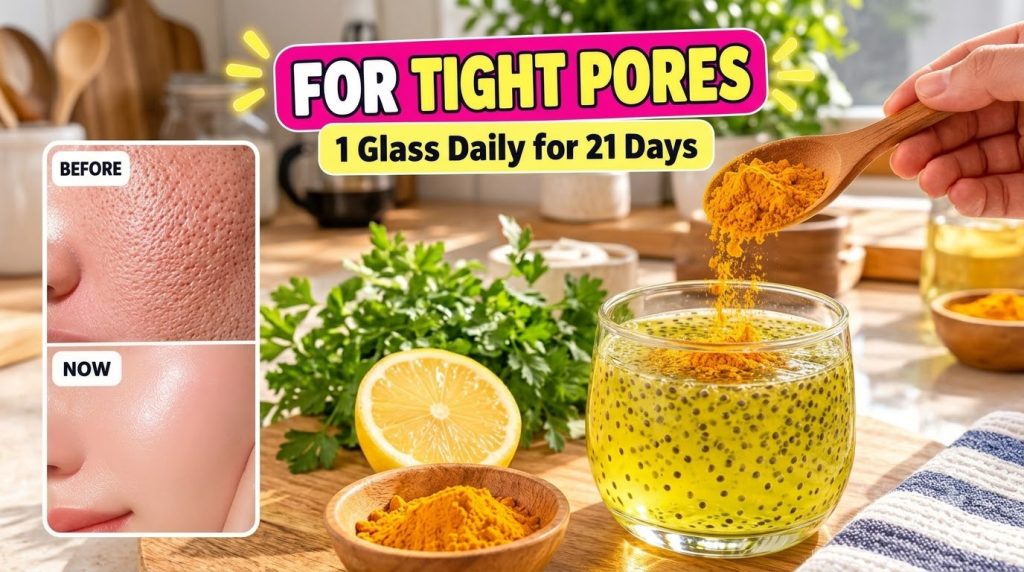 A hand pouring yellow turmeric powder from a wooden spoon into a glass filled with yellow liquid and chia seeds on a woo