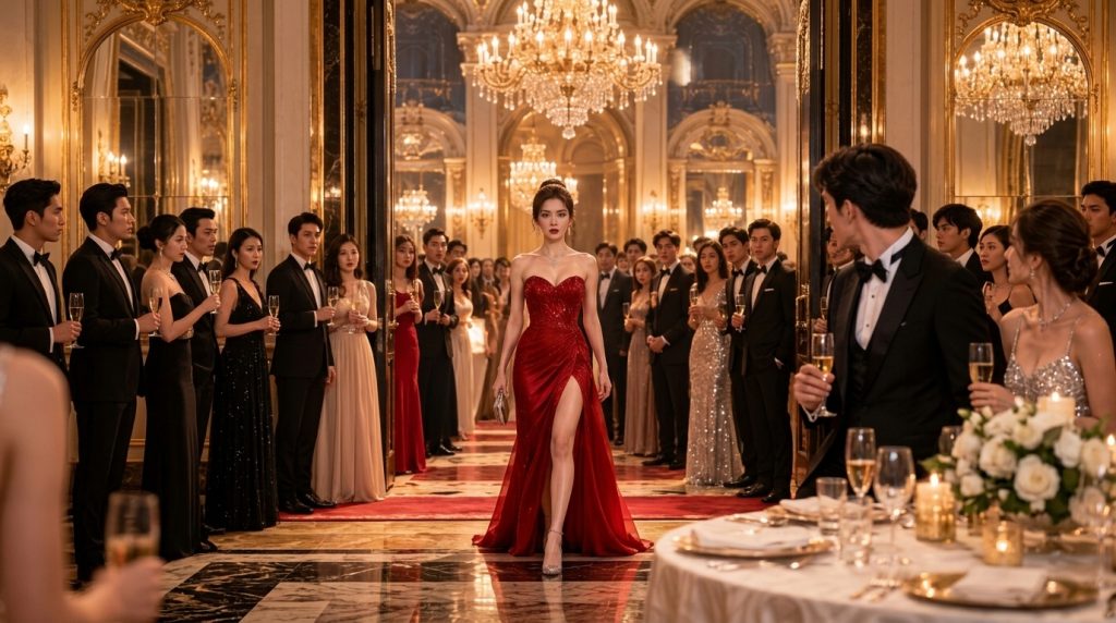 A woman in a stunning red sequined gown makes a grand entrance at a luxurious gala walking down a red-carpeted hallway a