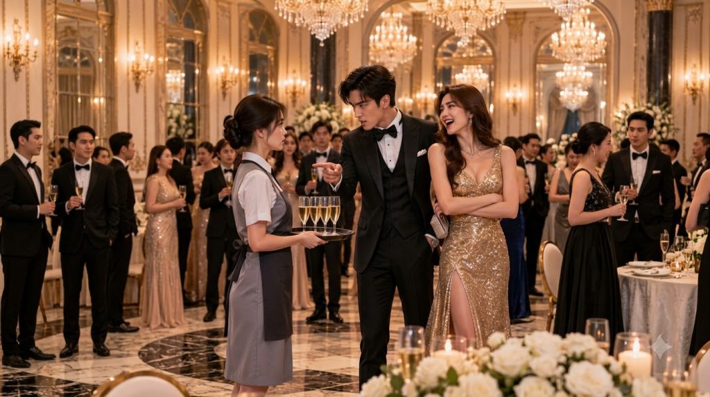 A luxurious indoor gala with a female server holding a tray of champagne flutes a male guest in a tuxedo pointing and sp