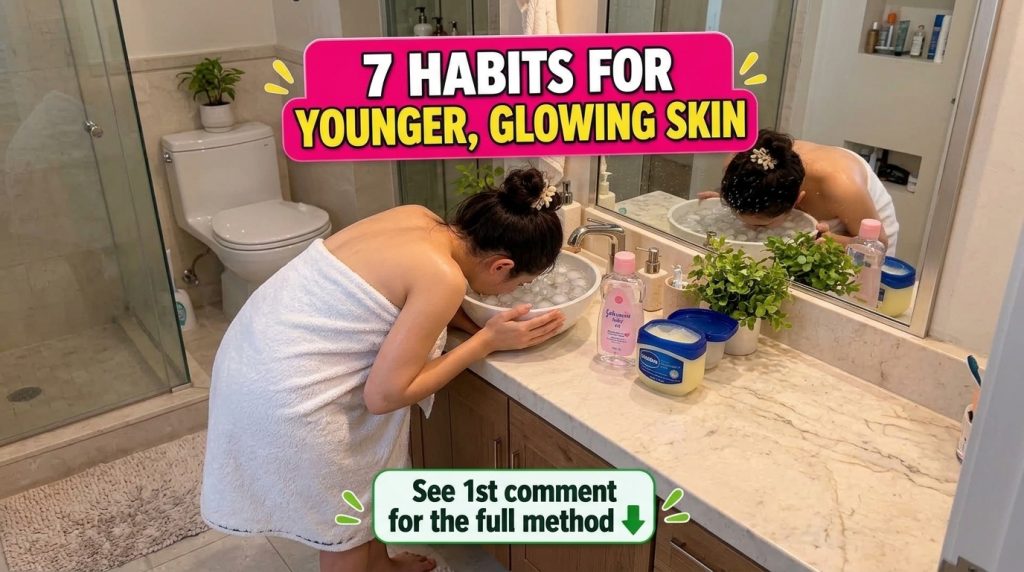 A person s face submerged in a bowl of ice water on a bathroom counter wrapped in a white towel