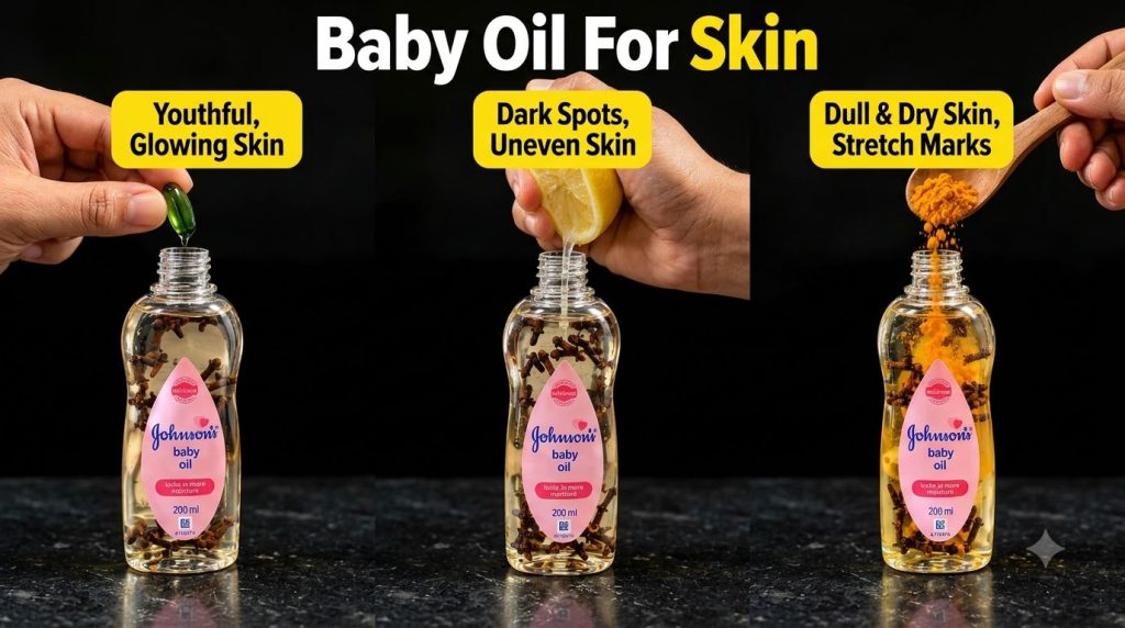 Baby oil being infused with lemon turmeric powder vitamin E capsule and cloves