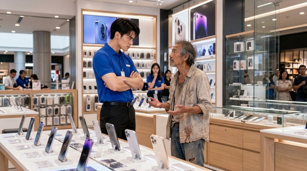 A young well-groomed store employee in a blue uniform looking sternly at an older disheveled man with a long beard and d