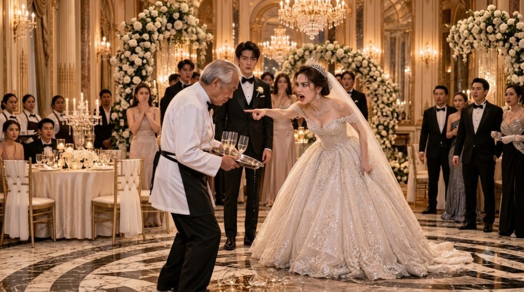 A furious bride in a shimmering gown points accusingly at an elderly waiter who has accidentally dropped champagne glass