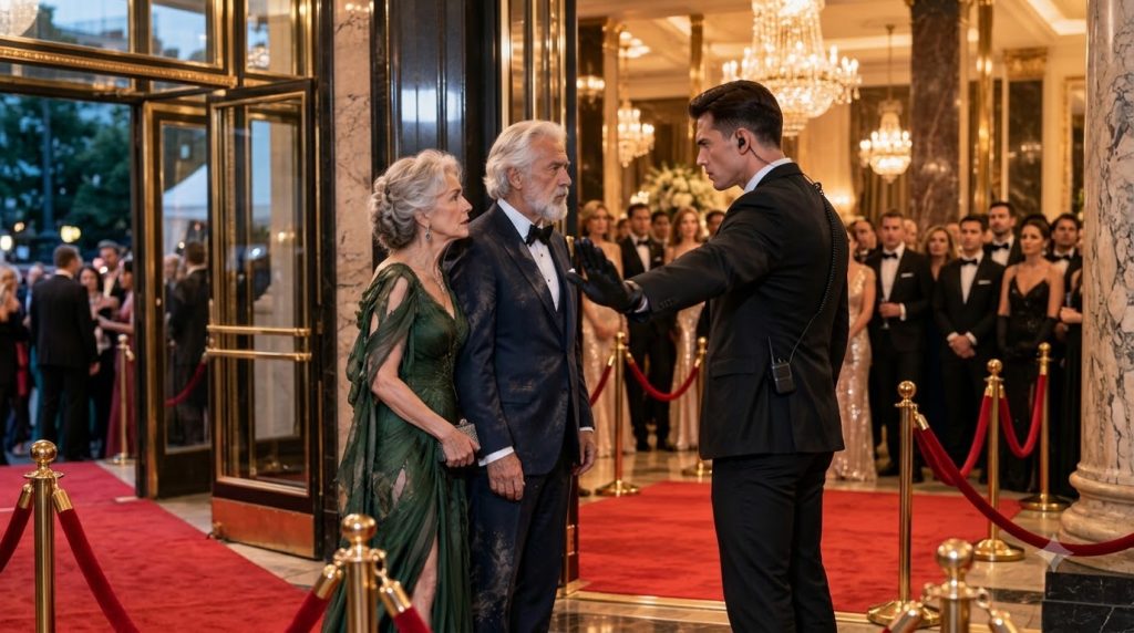 An elegantly dressed older couple visibly disheveled with dust being halted by a stern security guard on a red carpet at