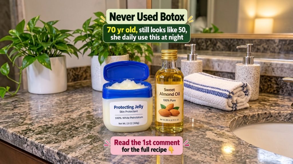 An open jar of petroleum jelly and a bottle of sweet almond oil on a bathroom counter with a blurred green plant and mir