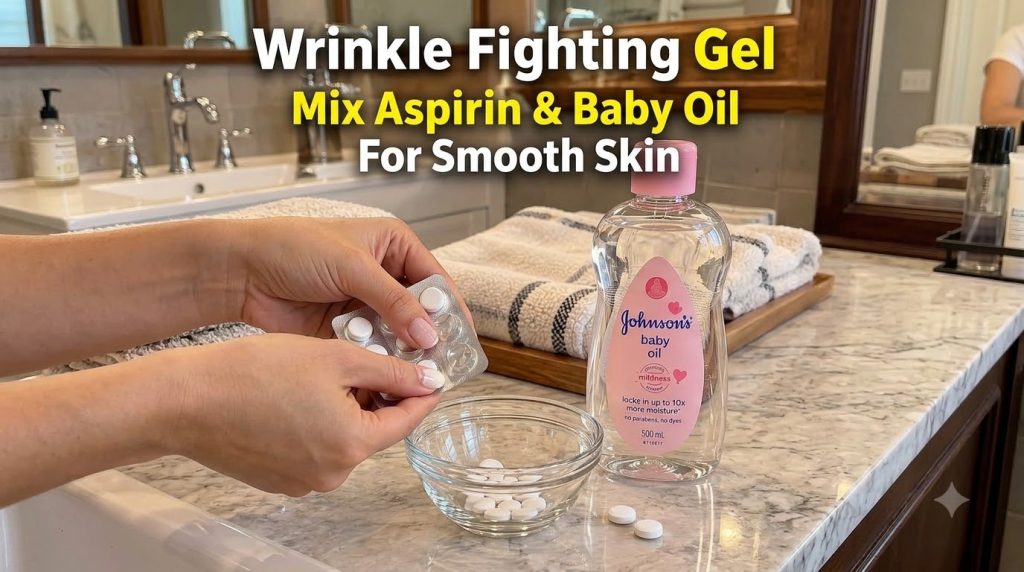Close-up of hands preparing a DIY beauty mixture with aspirin tablets and baby oil in a clean bathroom setting