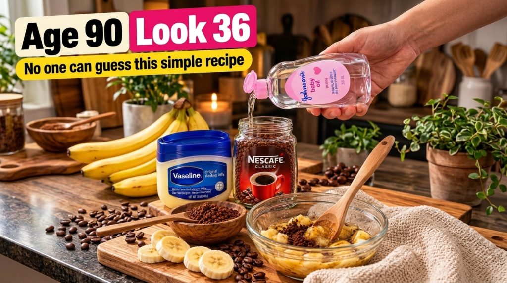 A close-up overhead view of ingredients on a wooden surface a hand pouring baby oil into a glass bowl with mashed banana