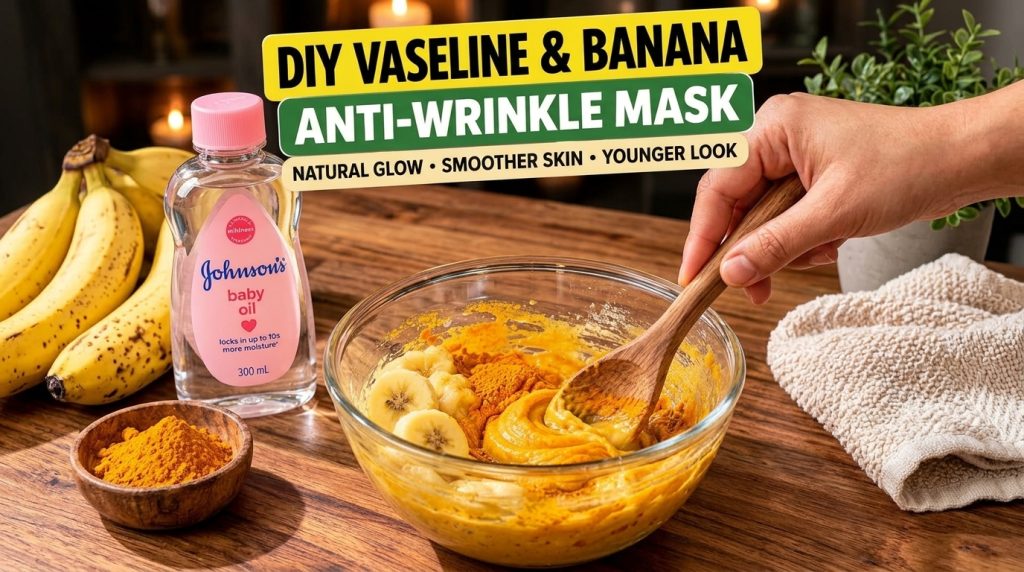 A close-up of ingredients for a DIY anti-wrinkle mask with a glass bowl containing mashed bananas turmeric and a creamy 