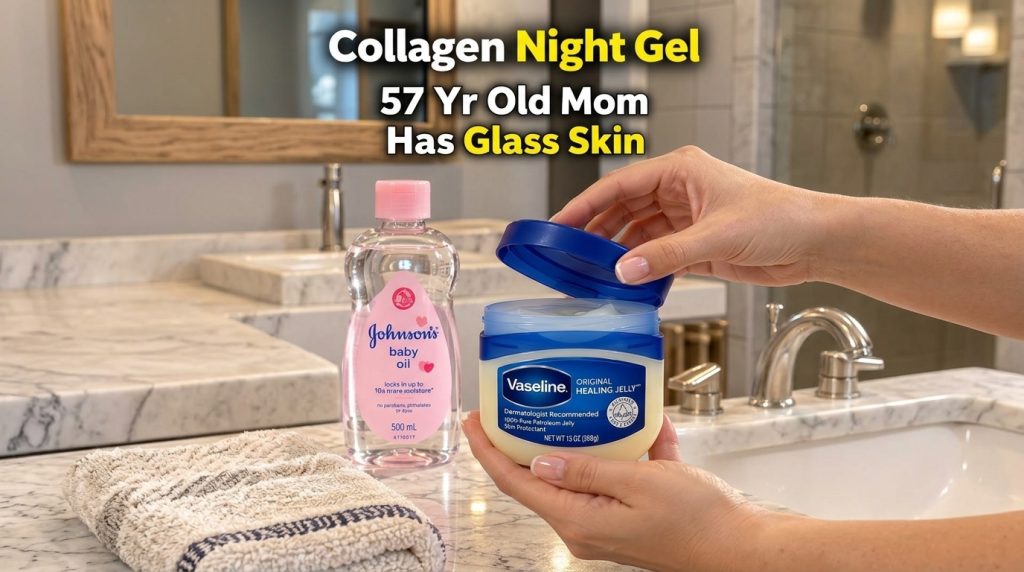 Hands holding an open jar of Vaseline and a bottle of Johnson s Baby Oil on a marble countertop