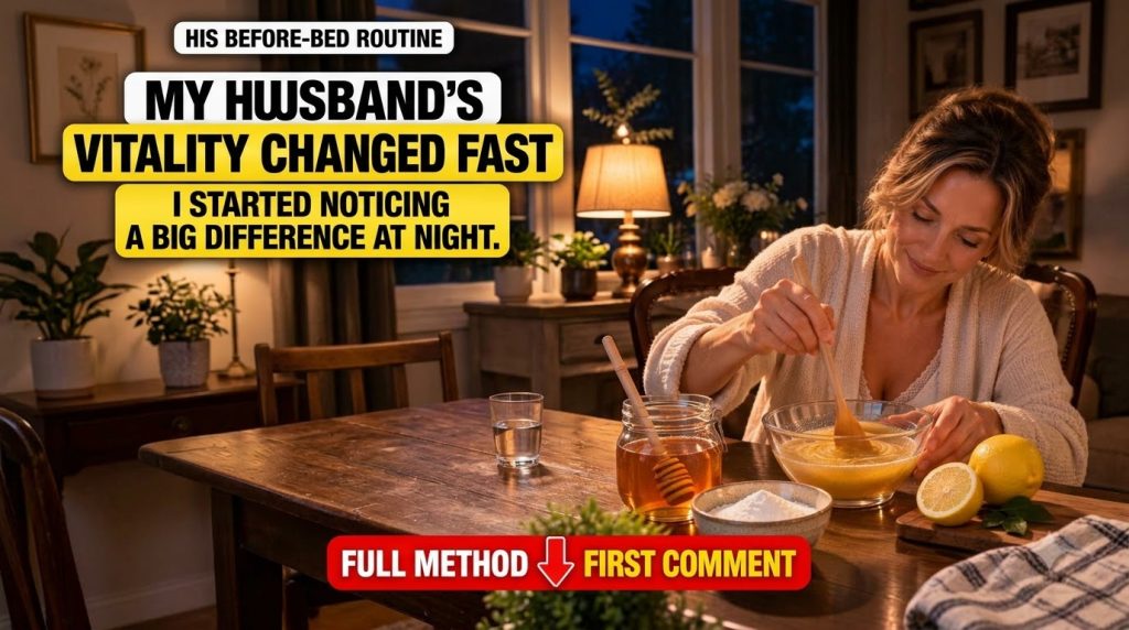 A man in a cozy softly lit kitchen gently stirring a golden liquid in a glass mug On a wooden countertop there are fresh