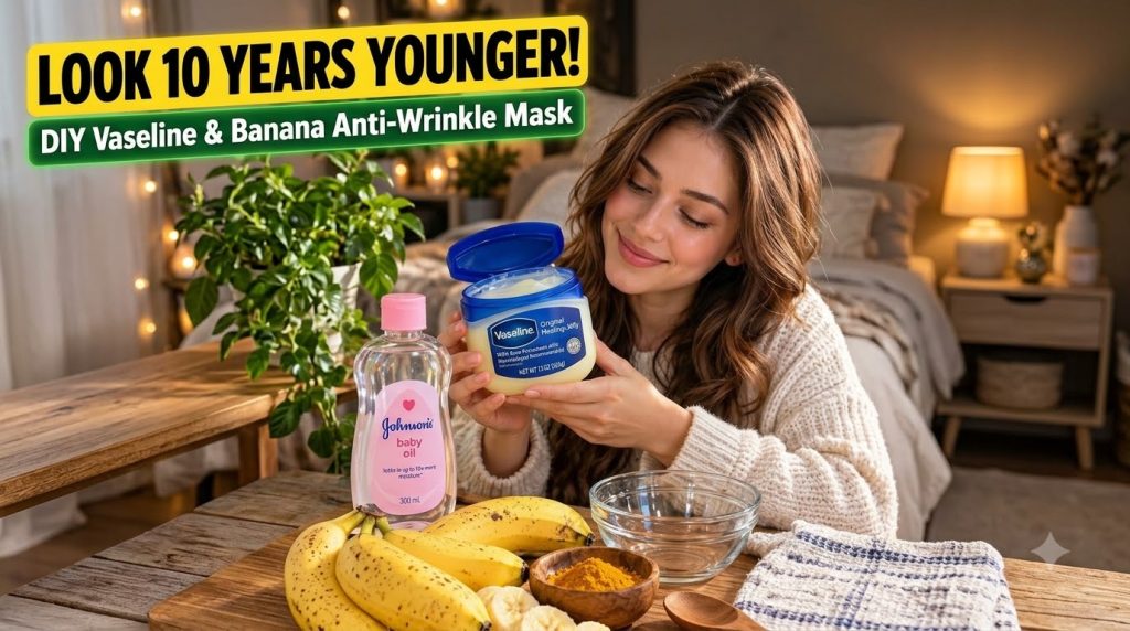 A smiling woman holding an open jar of Vaseline surrounded by ingredients for a DIY anti-wrinkle mask whole and sliced b