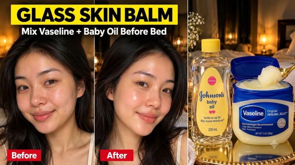 A vertical split image The top shows a Before and After comparison of a woman s face transitioning to glass skin The bot