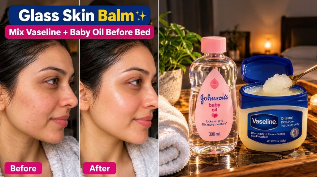Before and After comparison of a woman s face showing improved skin texture and luminosity next to a flat lay of Johnson