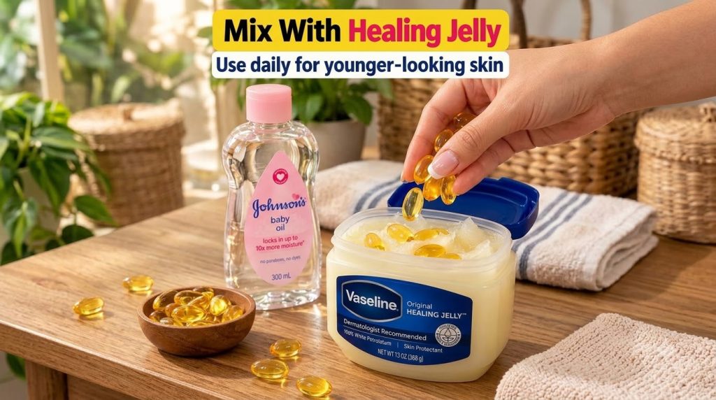 A hand dropping golden vitamin E capsules into a tub of Vaseline Original Healing Jelly with a bottle of Johnson s Baby 