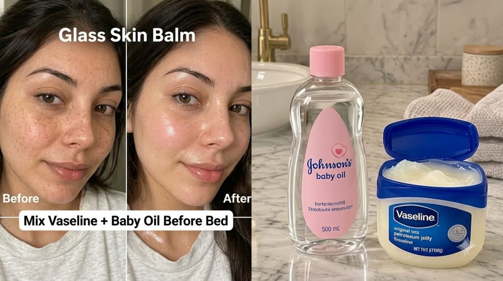 Before and after comparison of a woman s face showing improved glowing skin with Johnson s Baby Oil and Vaseline on a ma