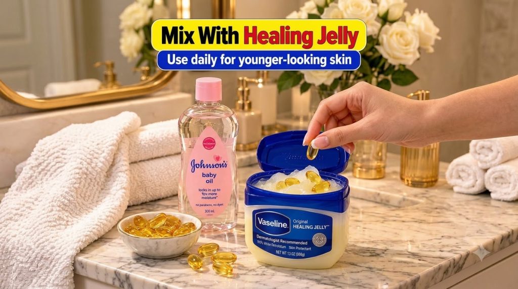 A close-up of a hand dropping a golden vitamin E capsule into a tub of Vaseline with a bottle of Johnson s baby oil and 