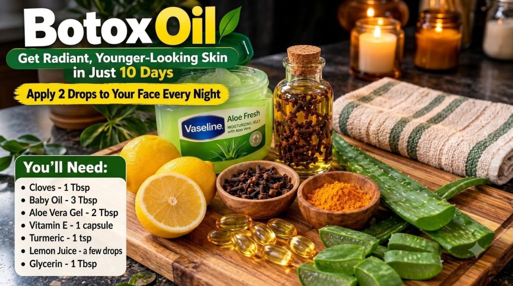 A flat lay of natural skincare ingredients on a wooden board featuring a jar of Vaseline Aloe Fresh a bottle of clove oi