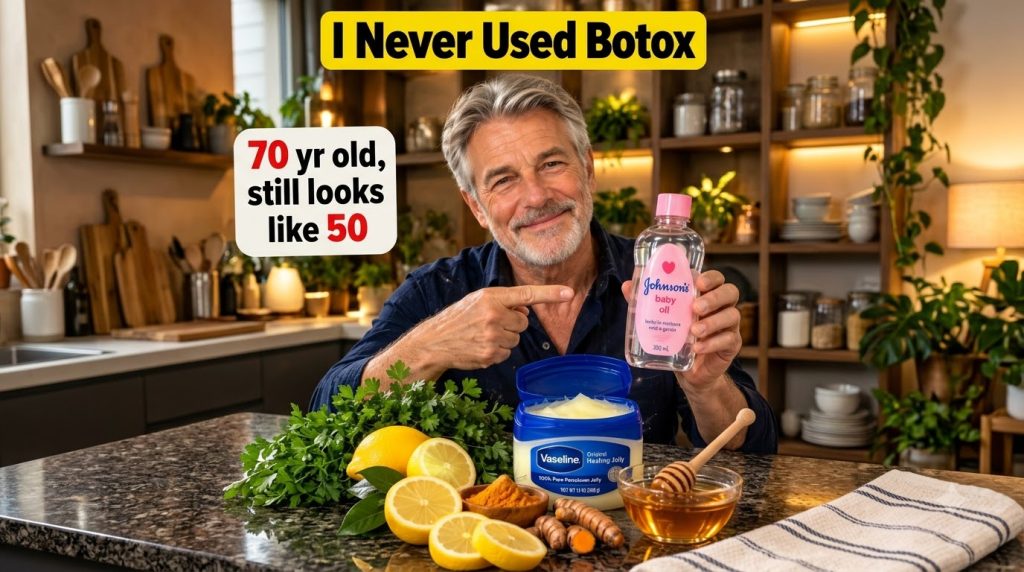 A smiling youthful 70-year-old man pointing to a jar of Vaseline and holding a bottle of baby oil with natural ingredien