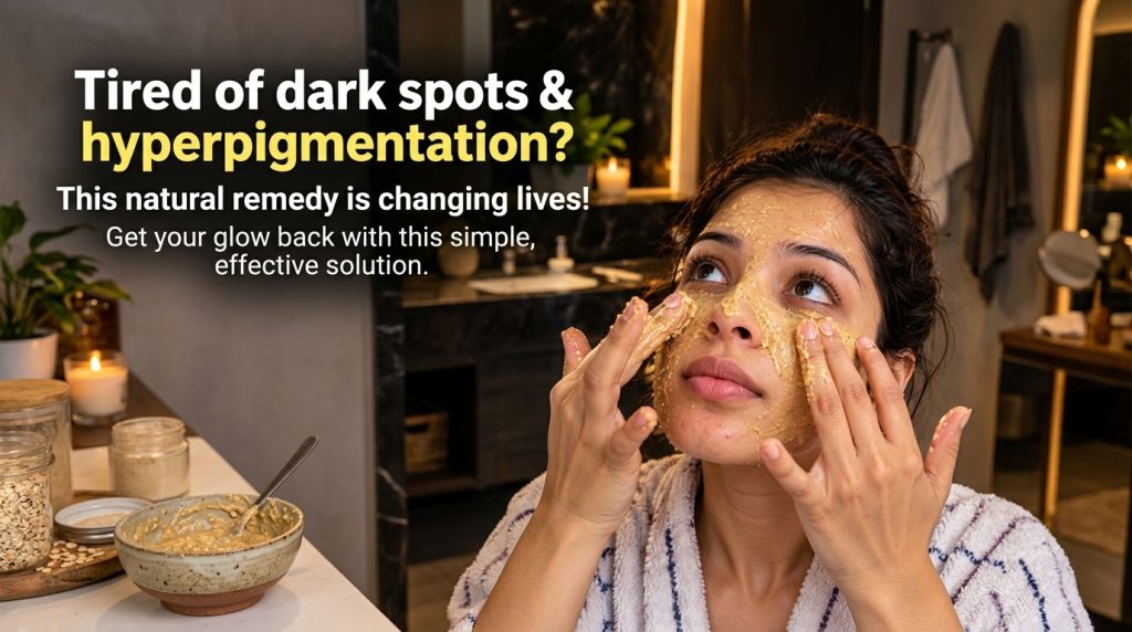 A woman in a bathroom applying a yellowish granular face mask to her cheeks with both hands looking slightly upwards The