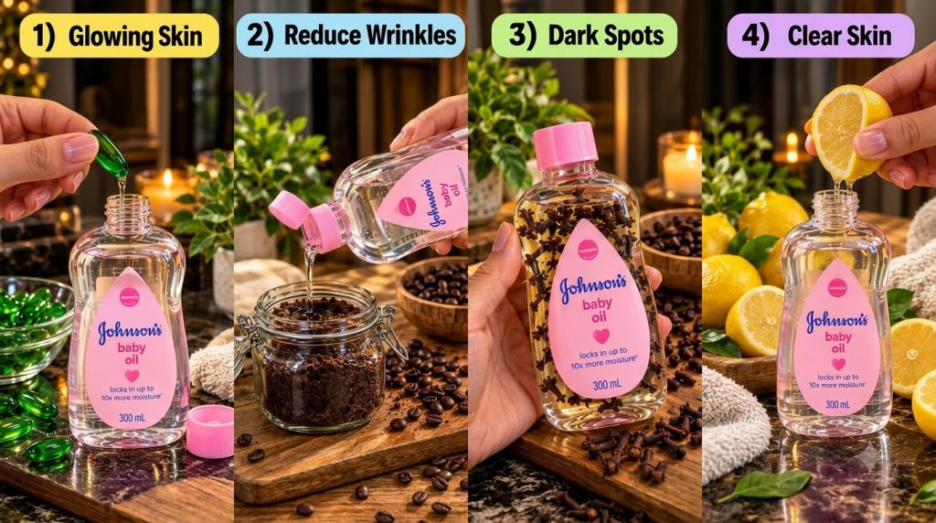A four-panel collage showcasing Johnson s baby oil combined with various natural ingredients a hand adding a green capsu