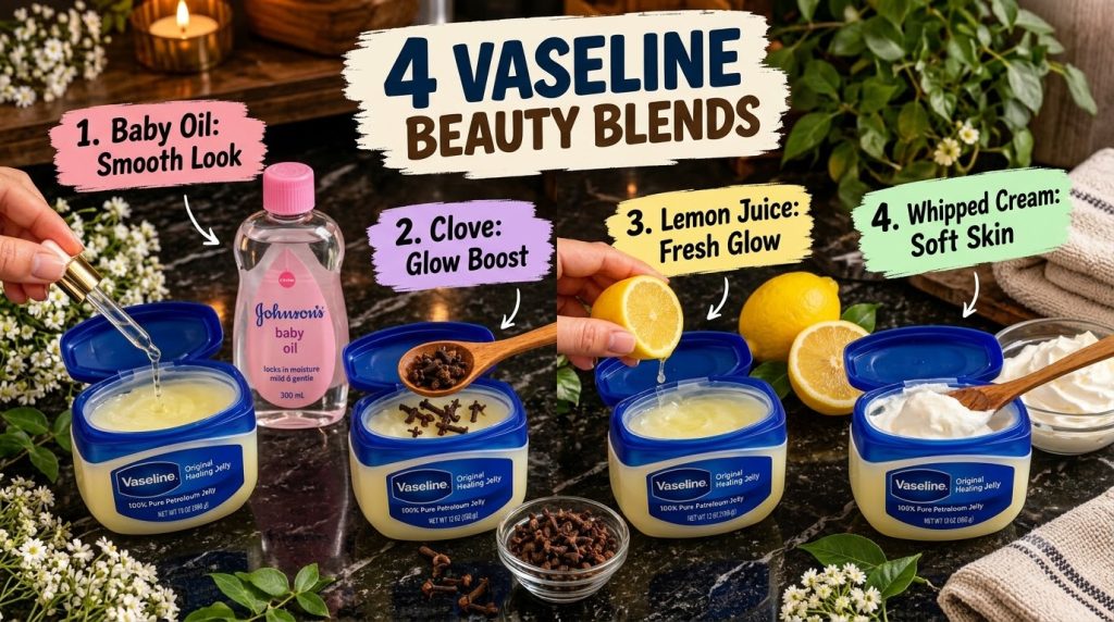 Four different beauty blends using Vaseline are arranged vertically on a dark reflective surface Each section shows an i