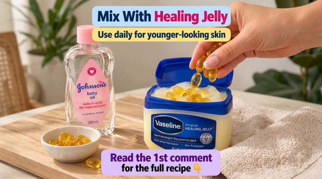 A hand dropping golden gel Vitamin E capsules into an open jar of Vaseline surrounded by a bottle of baby oil and more c