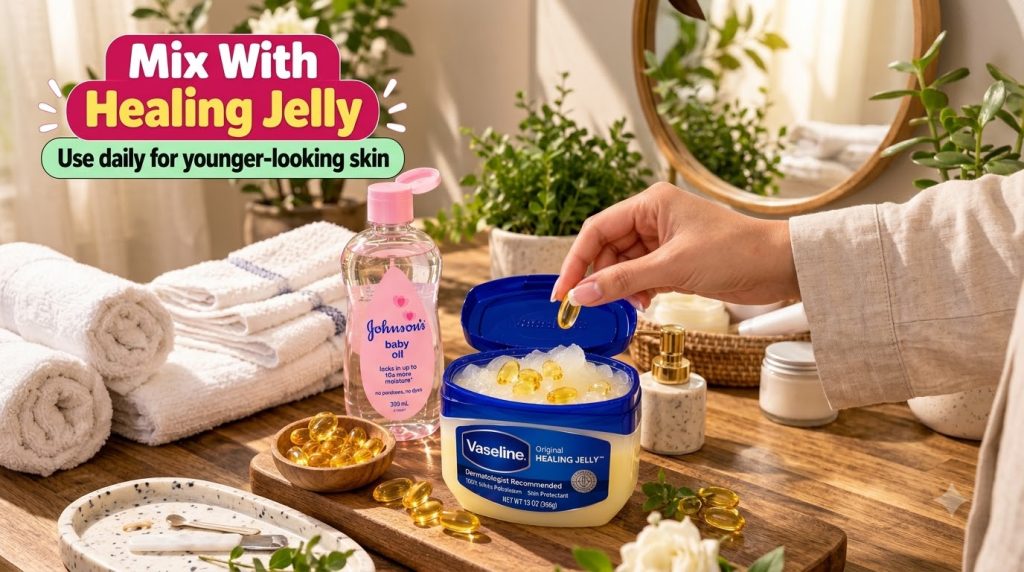 A bottle of Johnson s baby oil a tub of Vaseline Healing Jelly and golden vitamin E capsules on a wooden surface A hand 