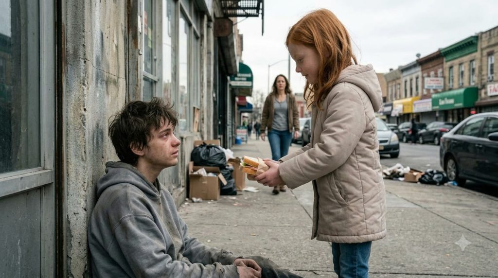 A young girl with red hair offers a sandwich to a distressed man sitting on a city sidewalk The man looks emotional and 