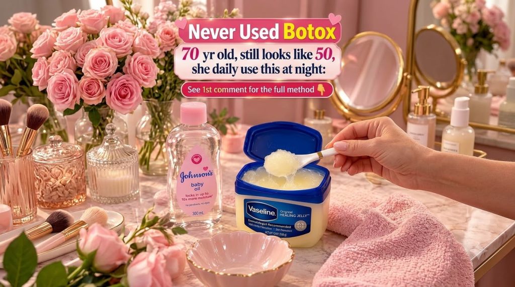 Skincare products on a vanity featuring a bottle of Johnson s baby oil and an open tub of Vaseline Original Healing Jell
