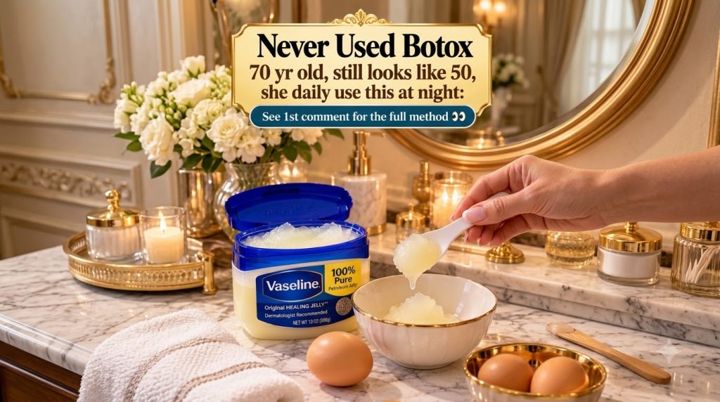 A well-lit beauty hack setup in a bathroom featuring a large jar of Vaseline a spoon with petroleum jelly over a small b